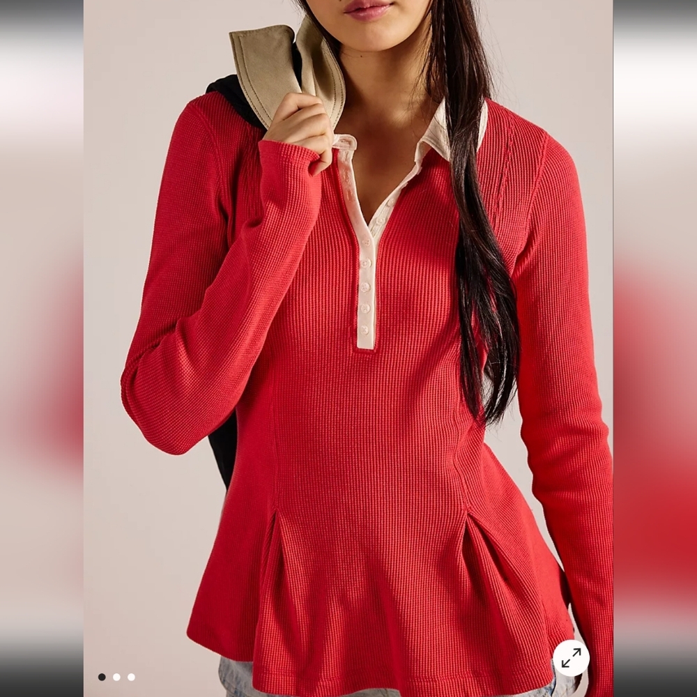 Free People Gracie L Aurora Red polo NWT Peplum fit and flare top